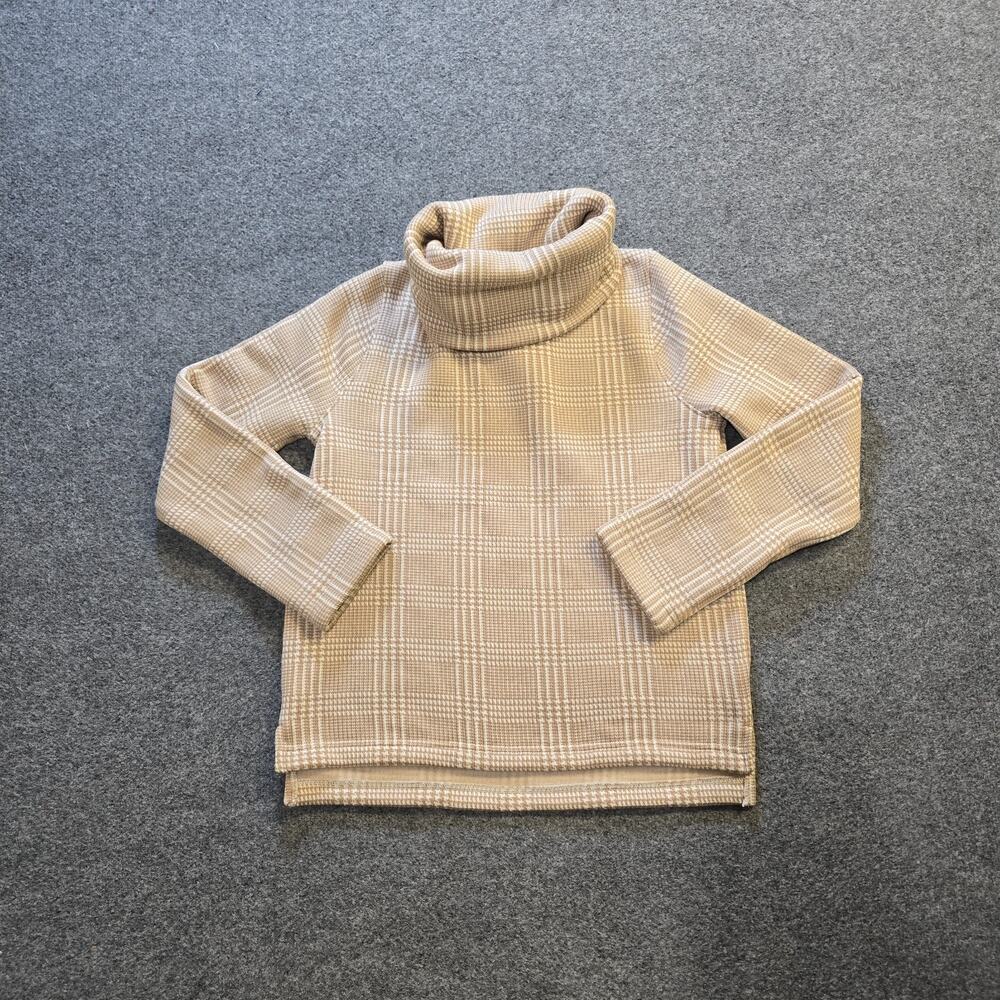 J Crew Sweater Women Size Medium Beige Plaid Fleece Turtleneck Heavy Cozy Casual